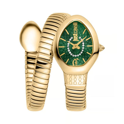 Gold watch with green face and snake design on a white background