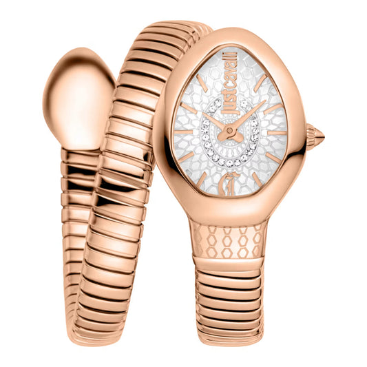 Rose gold watch with intricate design on a white background