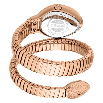Rose gold snake-shaped watch on a white background