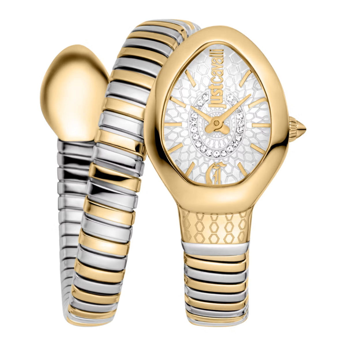 Gold and silver watch with intricate design on a white background