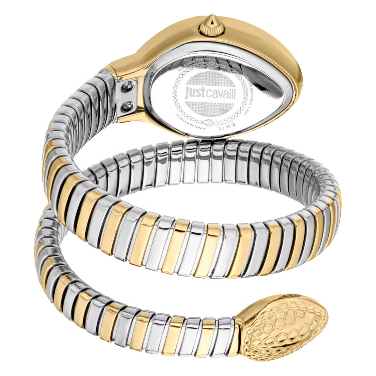 Gold and silver watch with Just Cavalli branding on a white background