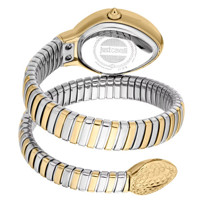 Gold and silver watch with Just Cavalli branding on a white background