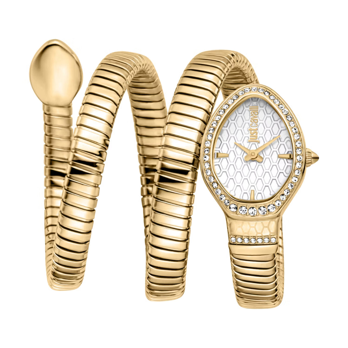Gold watch and bracelet set on a white background