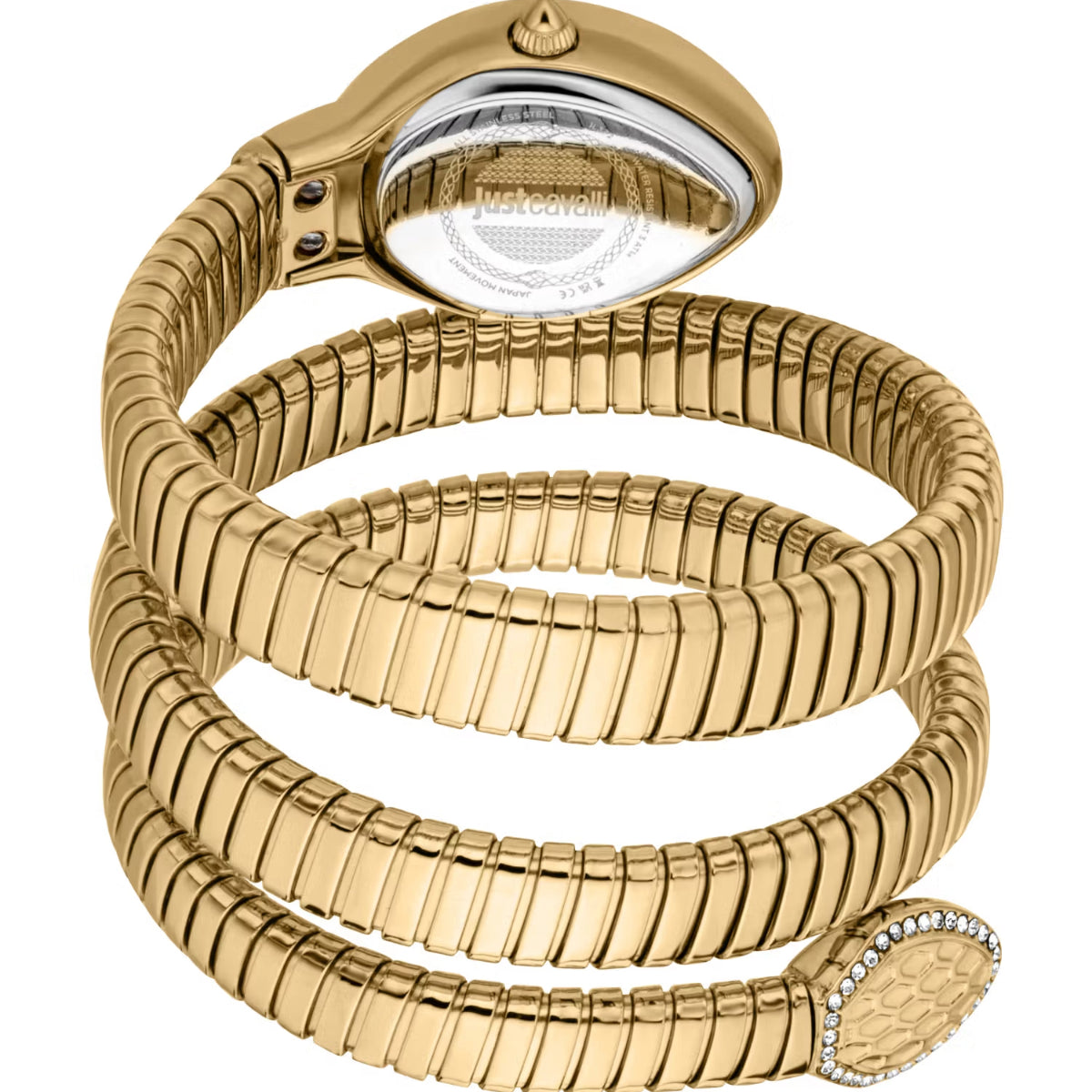 Gold snake-shaped bracelet with a watch face on a white background