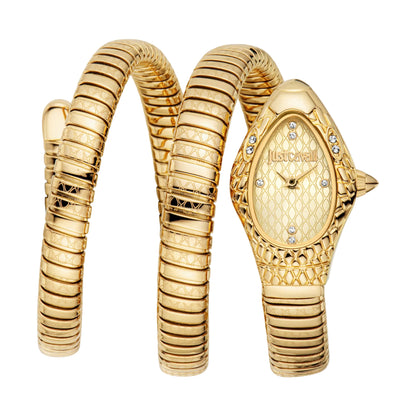 Gold watch with snake-like design on a white background