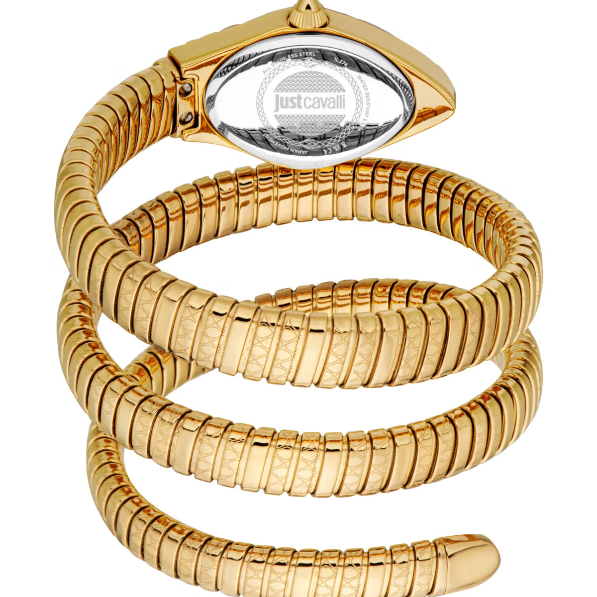 Gold snake-shaped bracelet with 'Just Cavalli' logo on a white background