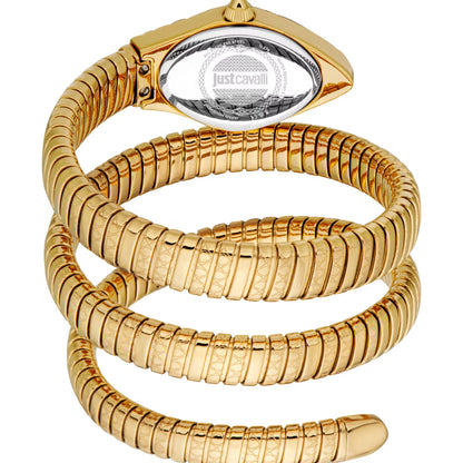 Gold snake-shaped bracelet with 'Just Cavalli' logo on a white background