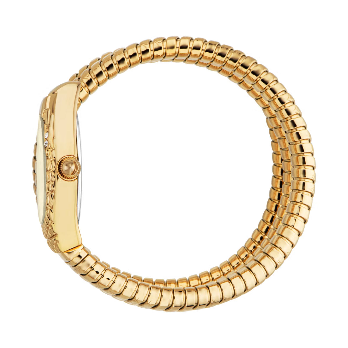 Gold watch with a textured band on a white background