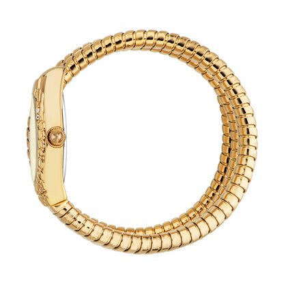 Gold watch with a textured band on a white background