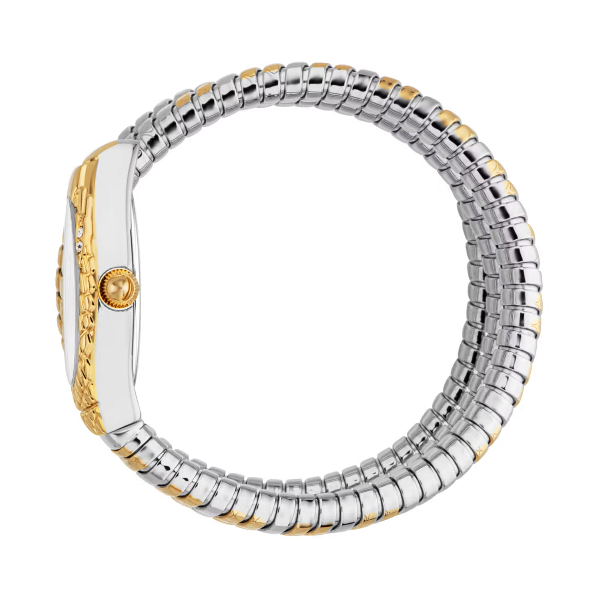 Two-toned silver and gold bracelet on a white background