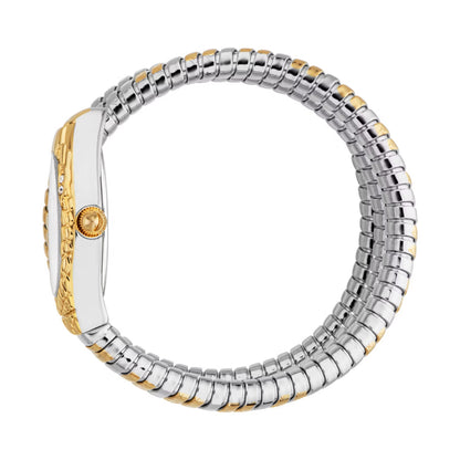 Two-toned silver and gold bracelet on a white background