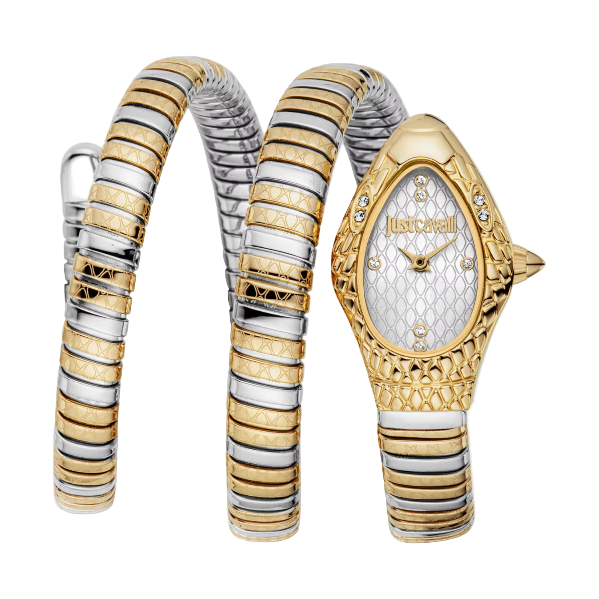 Gold and silver watch with intricate design on a white background