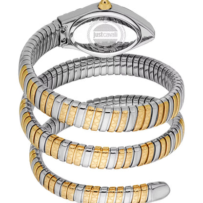 Two gold and silver bracelets stacked on top of each other with a watch on top.