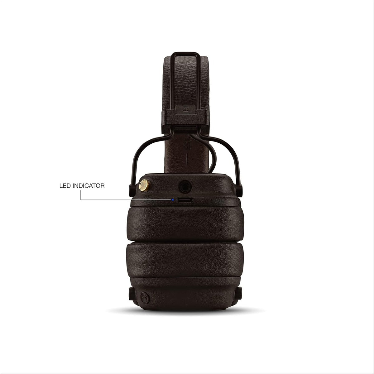Brown tactical headset with LED indicator on a white background