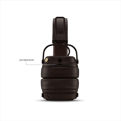 Brown tactical headset with LED indicator on a white background