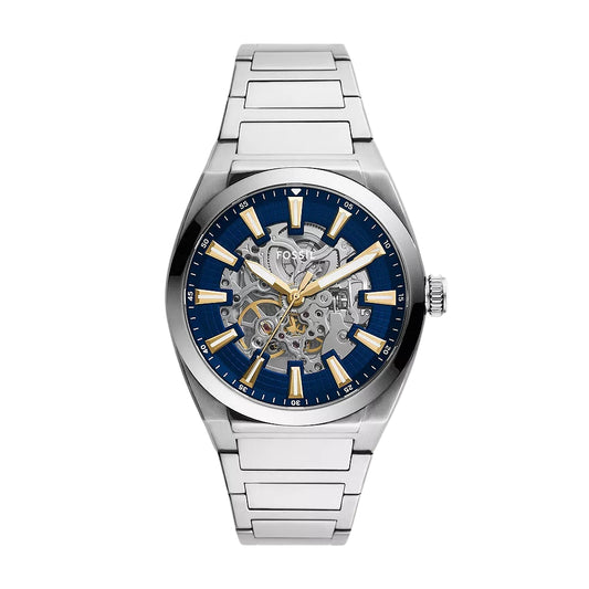 Silver watch with a blue face on a white background