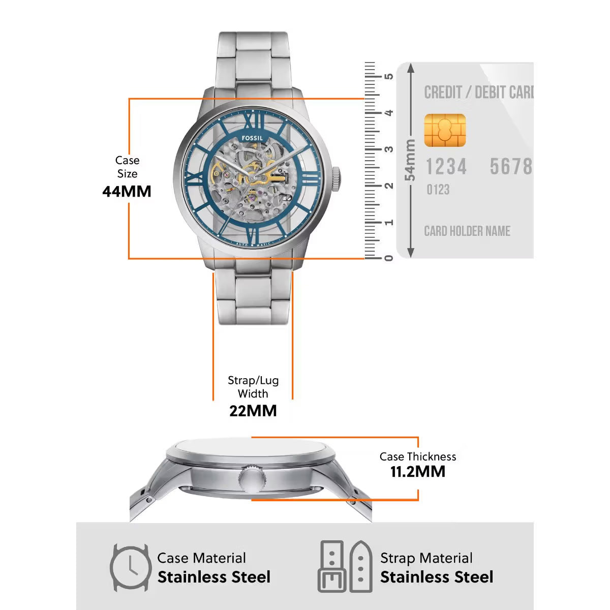 Fossil Towns Automatic Blue Dial Analog Stainless Steel Men Watch ME3260