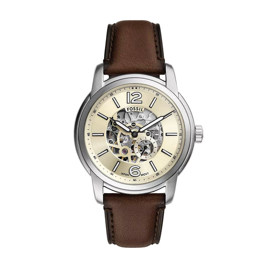 Fossil Heritage Automatic Cream Dial Analog Leather Strap Men Watch ME3264