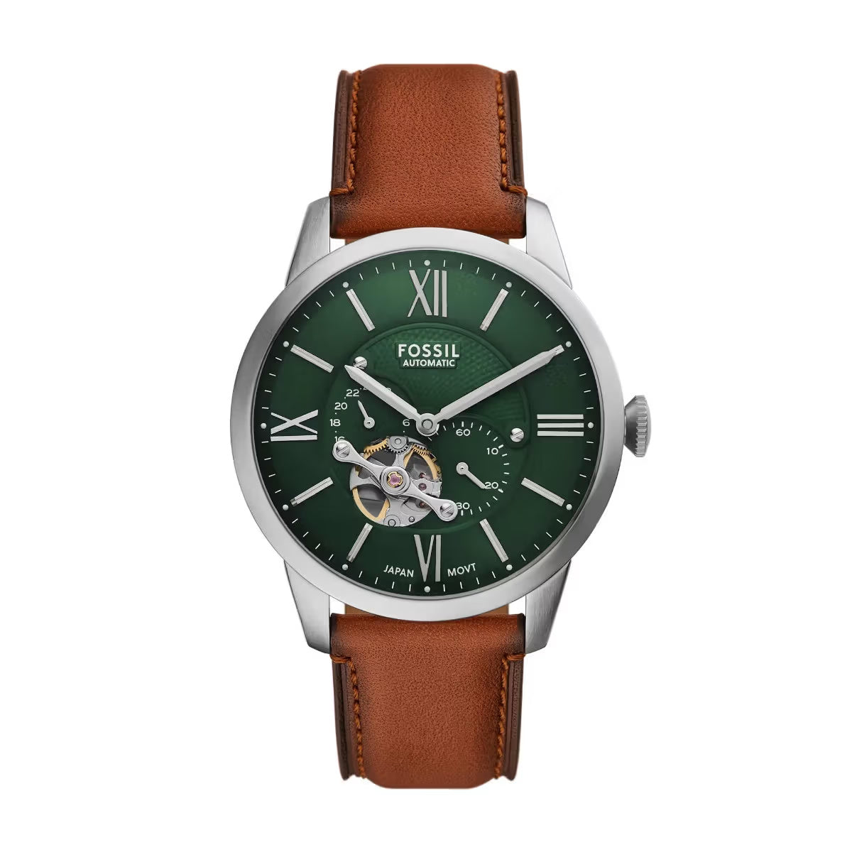 Fossil watch with green dial and brown leather strap on a white background