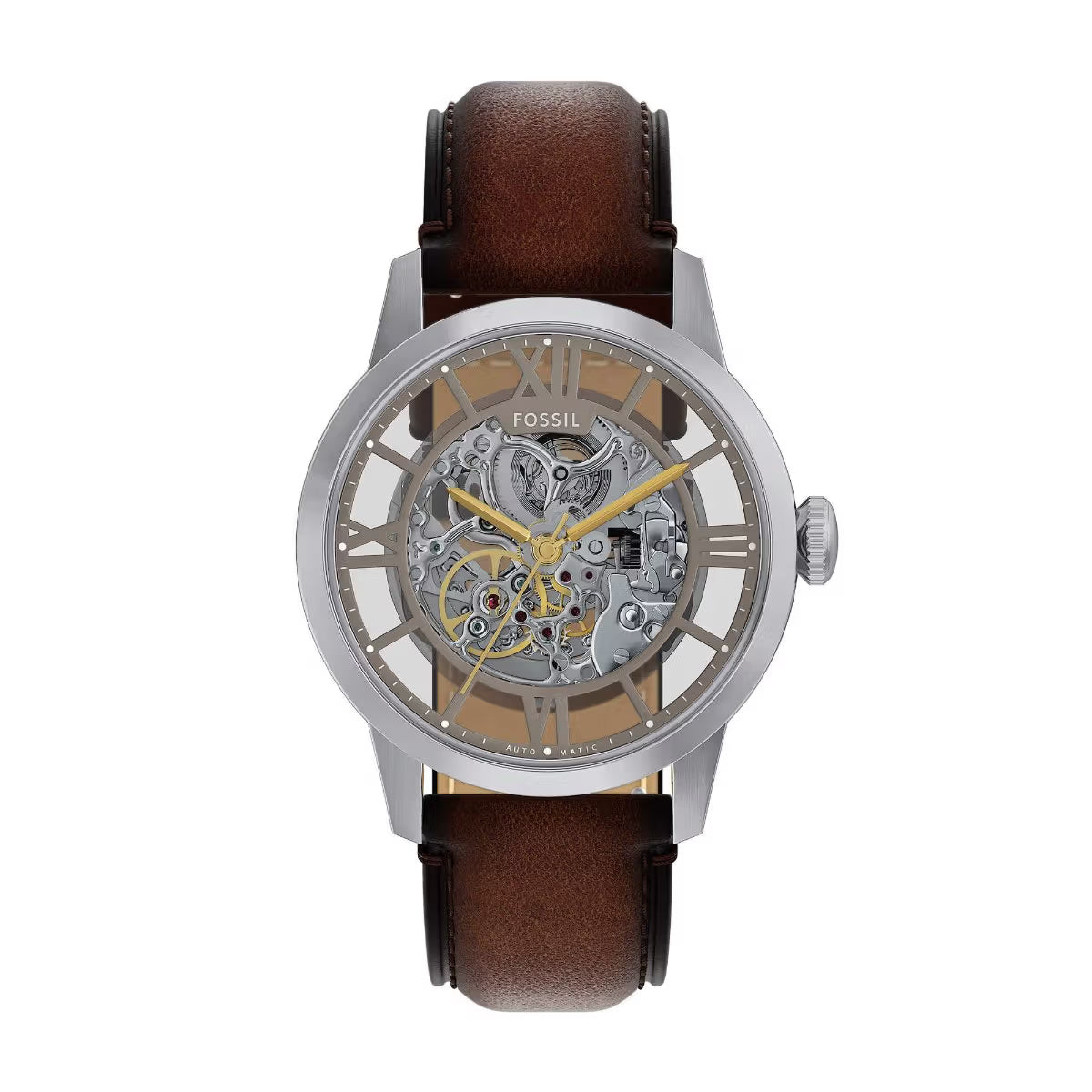 Fossil watch with brown leather strap and visible mechanical components on a white background