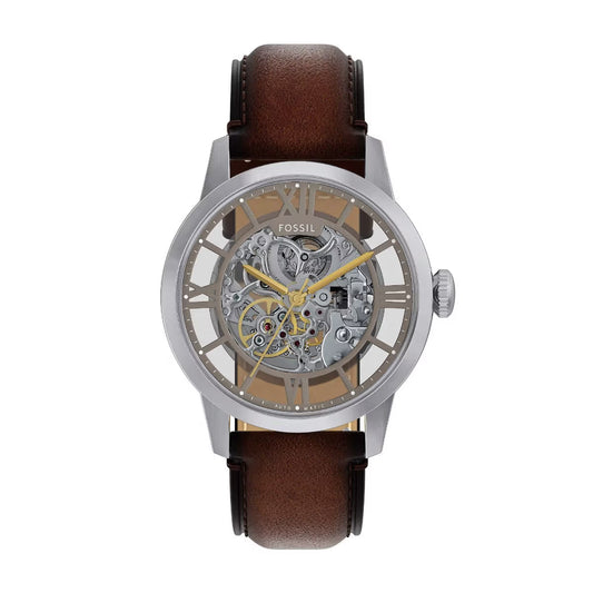 Fossil watch with brown leather strap and visible mechanical components on a white background