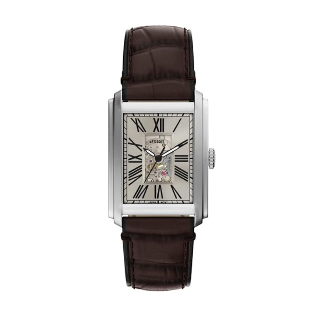 Watch with brown leather strap and silver case on white background