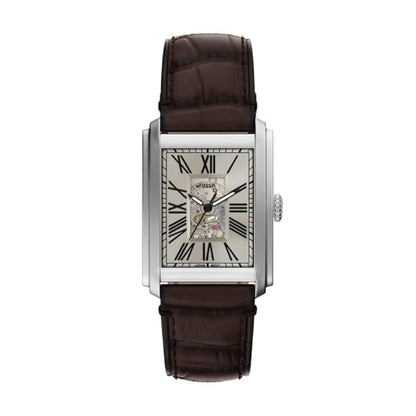 Watch with brown leather strap and silver case on white background
