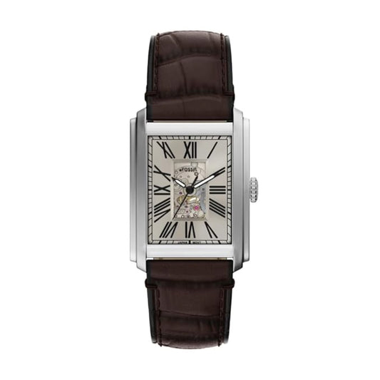 Watch with brown leather strap and silver case on white background