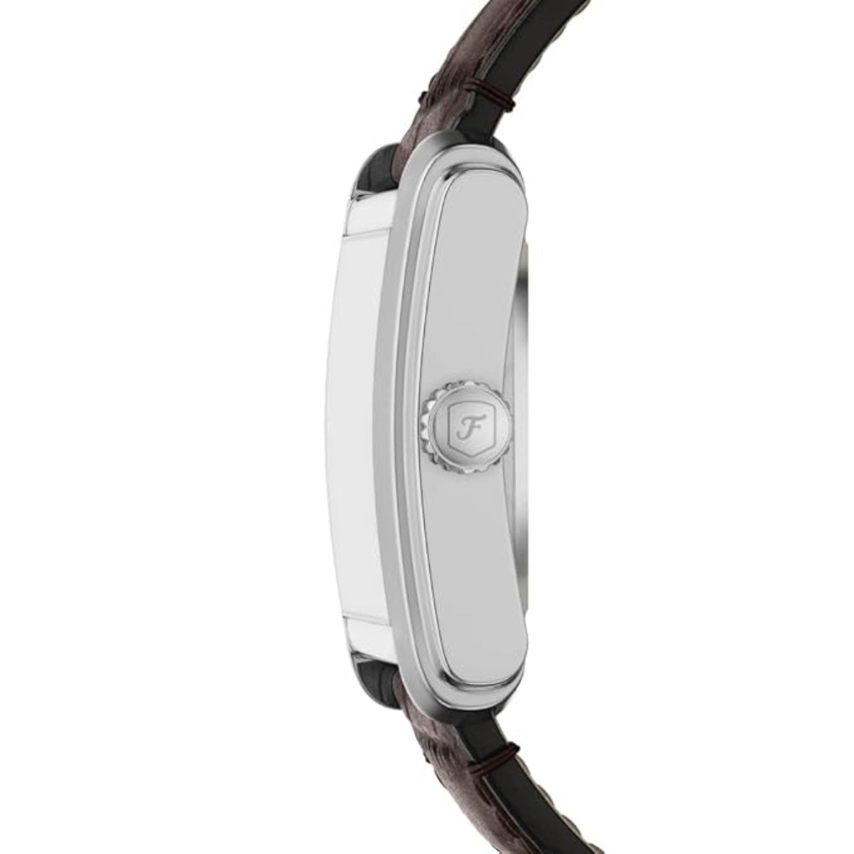 Close-up of a watch with a brand logo on a white background
