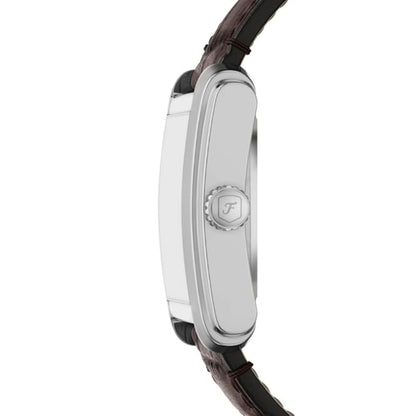 Close-up of a watch with a brand logo on a white background