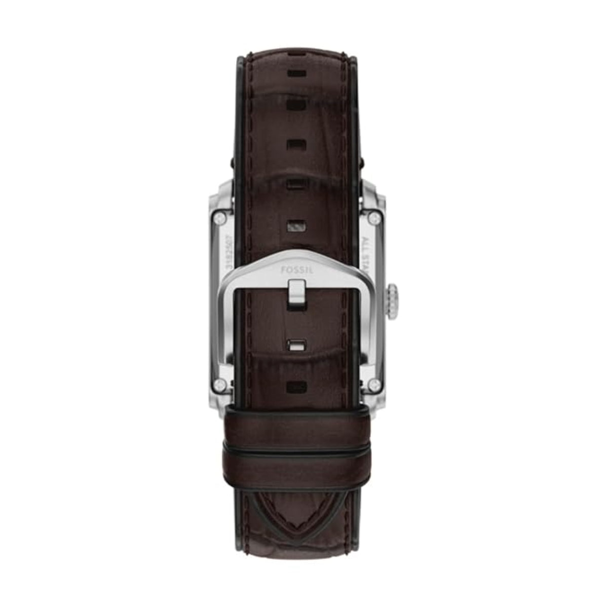 Watch strap with brown leather and silver metal clasp on a white background