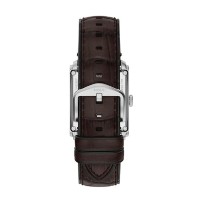 Watch strap with brown leather and silver metal clasp on a white background