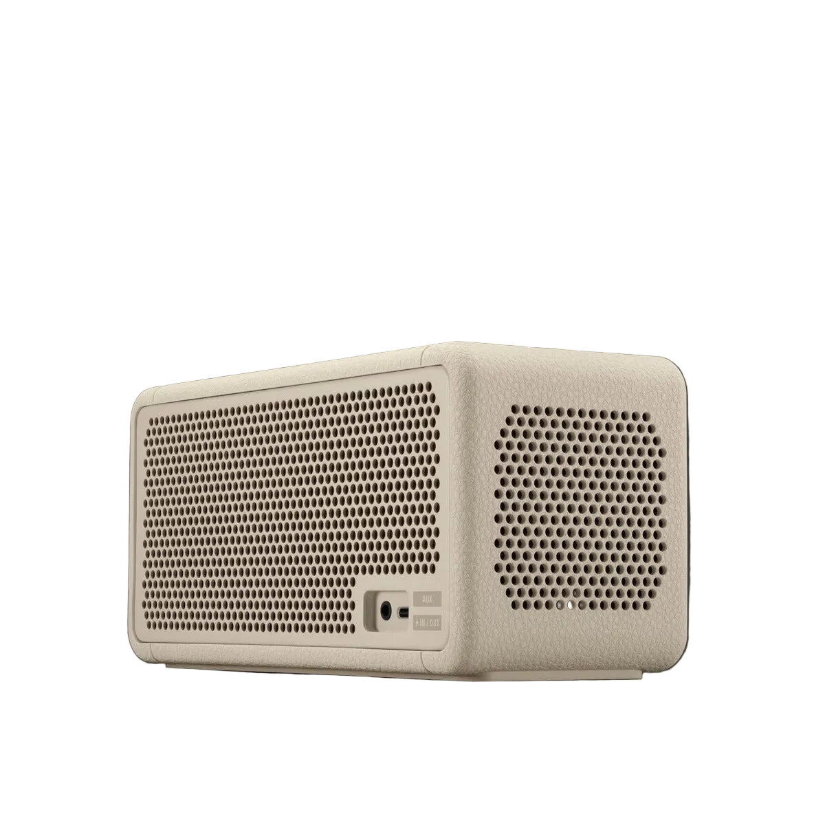 Beige rectangular speaker with perforated design on a dark background