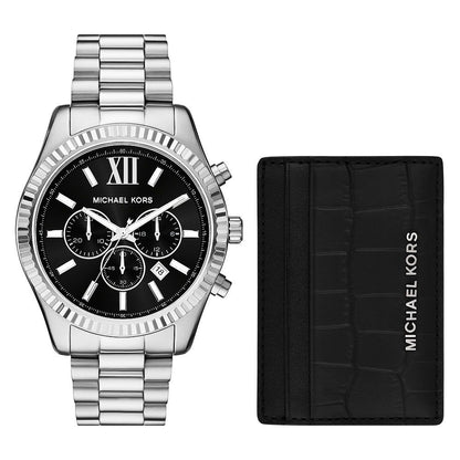Michael Kors watch and black wallet on a white background