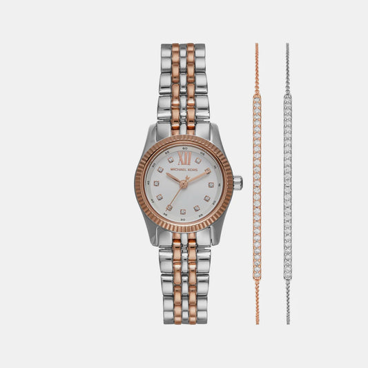 Two-tone watch with rose gold and silver straps on a white background