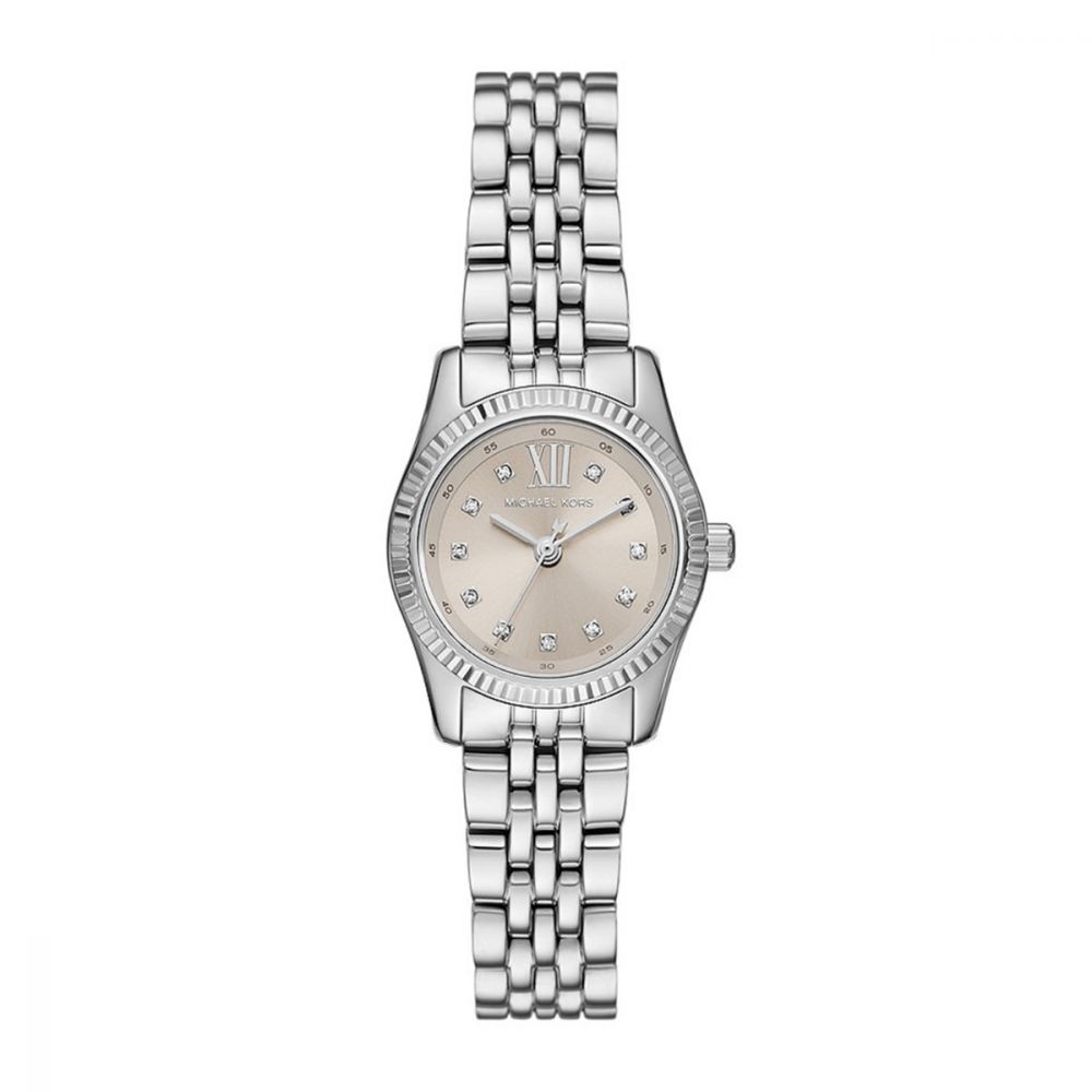 Silver watch with a white face on a white background