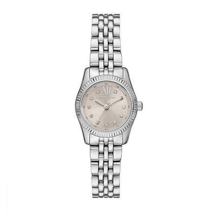 Silver watch with a white face on a white background