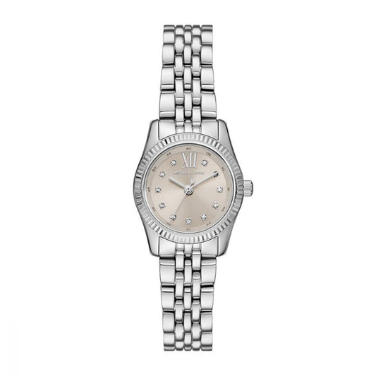 Silver watch with a white face on a white background