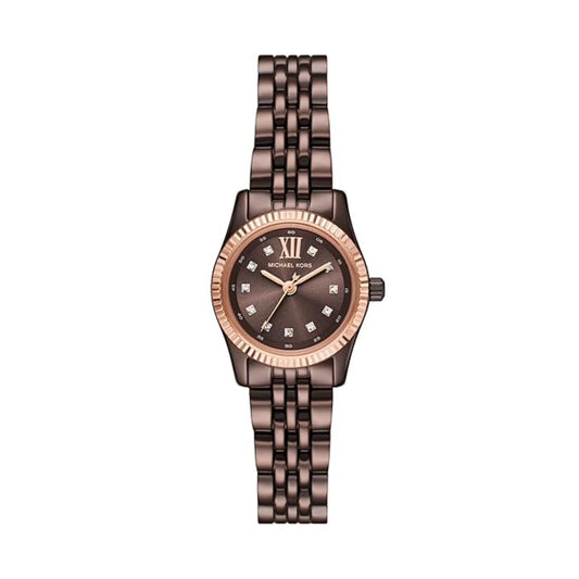 Rose gold watch with brown face on a white background