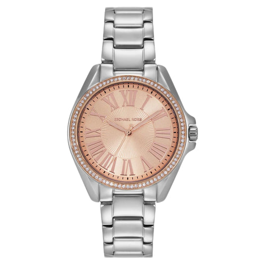 Silver watch with a rose gold face on a white background