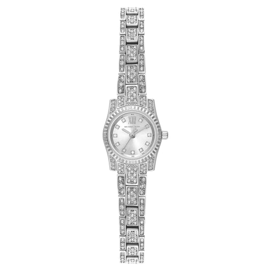 Silver watch with diamond accents on a light gray background