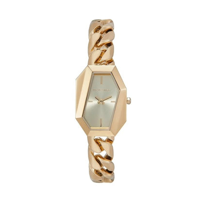 Gold wristwatch with chain design on a white background