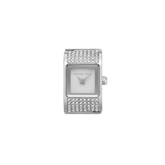Silver watch with gemstone accents on a white background