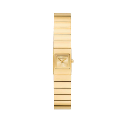 Gold watch with a rectangular face on a white background