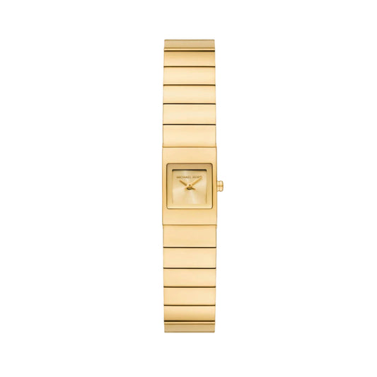 Gold watch with a rectangular face on a white background