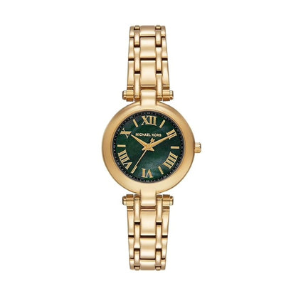 Gold watch with a green dial on a white background
