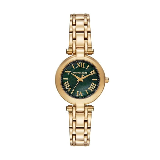 Gold watch with a green dial on a white background