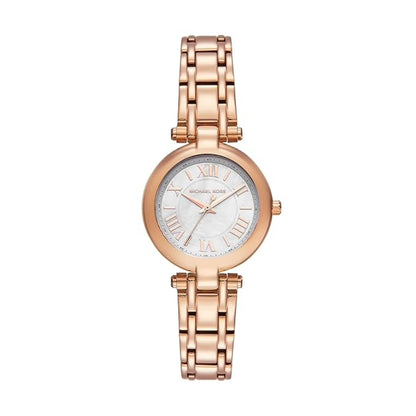 Rose gold watch with a white dial on a white background