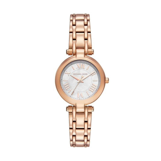 Rose gold watch with a white dial on a white background