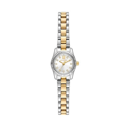 Two-tone watch with silver and gold bracelet on a white background